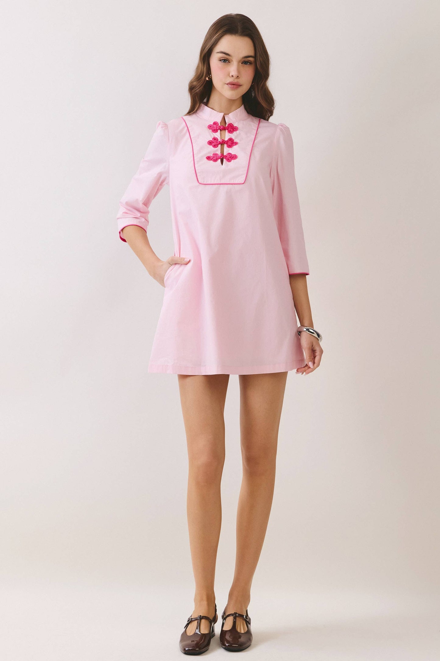 CD06666-Mandarin Collar Contrast Frog Button Detail Dress