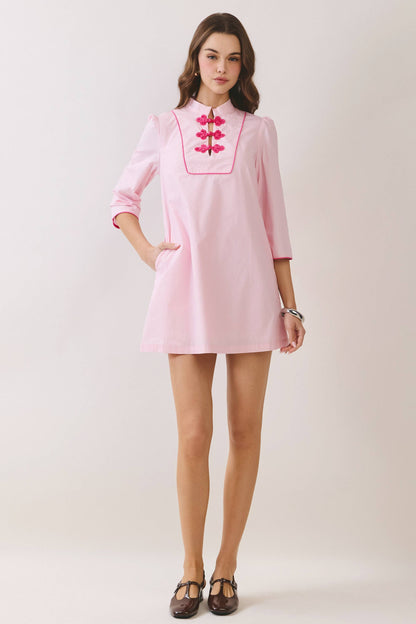 CD06666-Mandarin Collar Contrast Frog Button Detail Dress