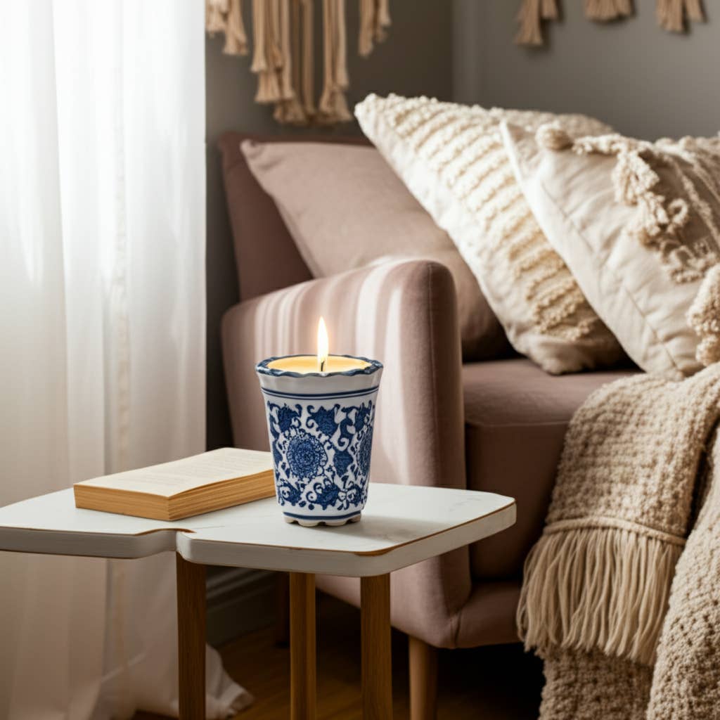 Candle - Blue/White Ceramic Fluted  Chinoiserie, 7 Oz