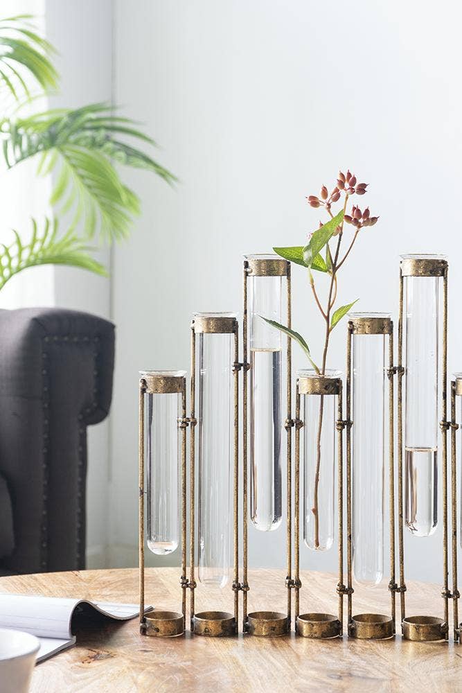 17.5x2x14" Glass Vial Flower Vase with Bronze Iron Frame