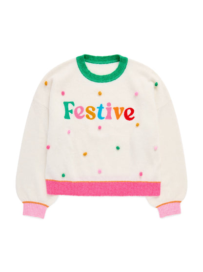 FESTIVE POM POM RELAXED SWEATERS, IVORY