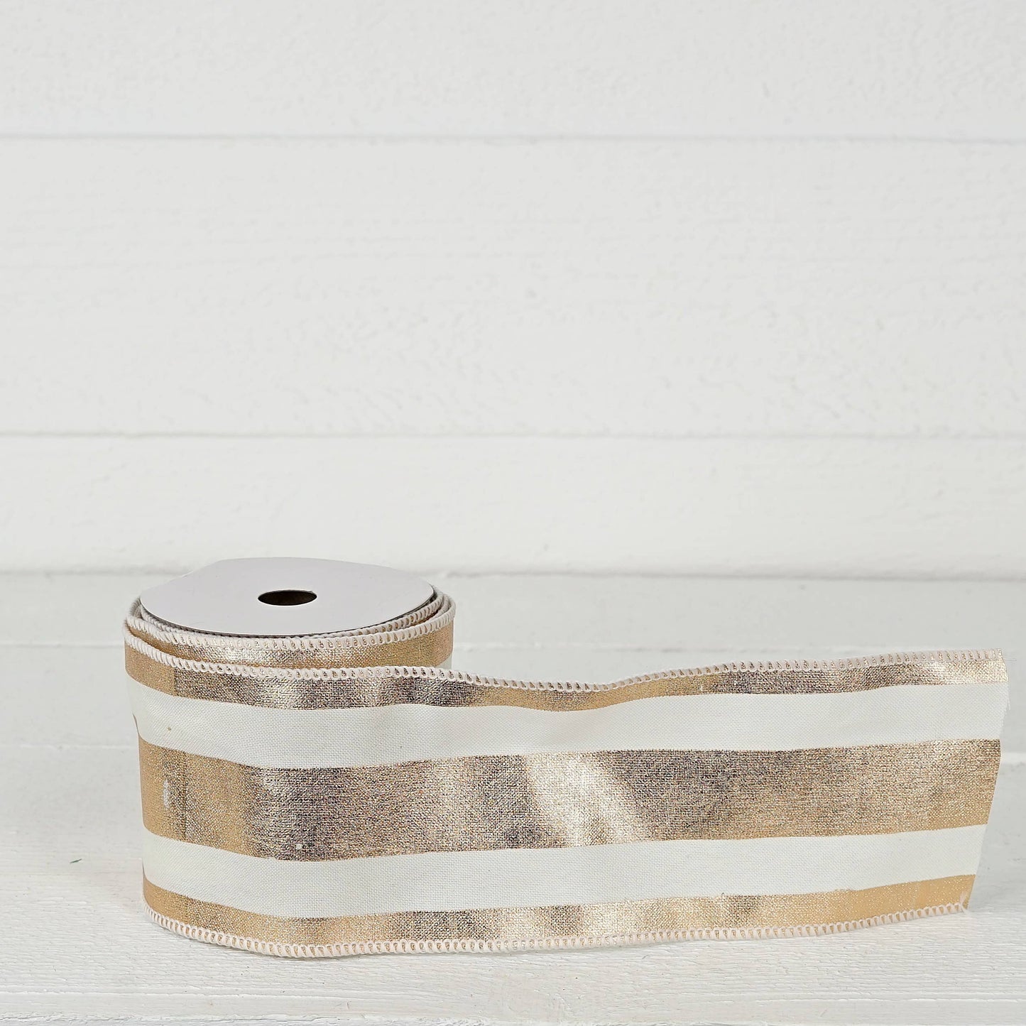 R32957-Wired Ribbon-Fabric-Gold and Cream Strips (4inW)