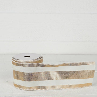 R32957-Wired Ribbon-Fabric-Gold and Cream Strips (4inW)