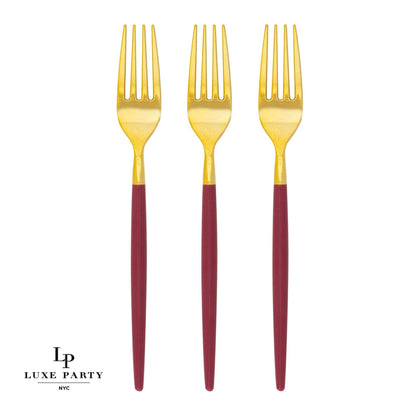 Chic Round Cranberry and Gold Forks | 32 Pieces