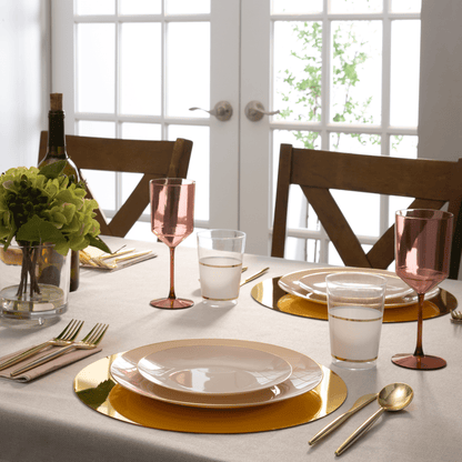 Round Linen and Gold Plastic Plates Set | 40 Pack