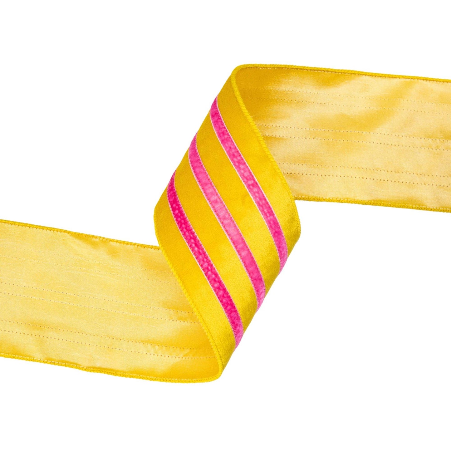 4" Wired Velvet Ribbon w/ Trim | Yellow w/ Pink Trim | 10 Yard Roll