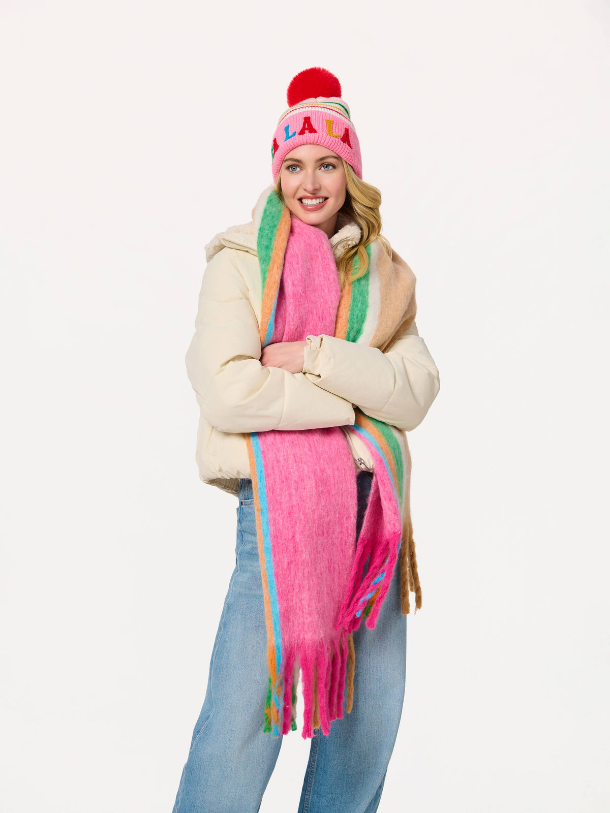 "FA LA LA" STRIPED BEANIE, PINK