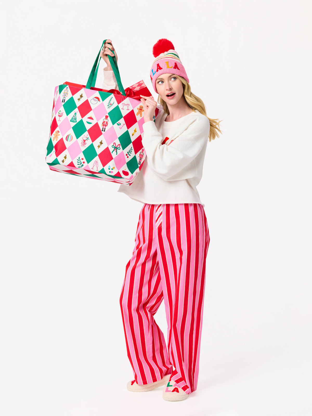 "FA LA LA" STRIPED BEANIE, PINK