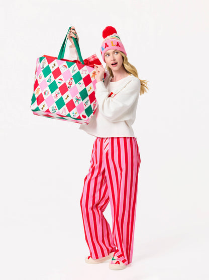 "FA LA LA" STRIPED BEANIE, PINK