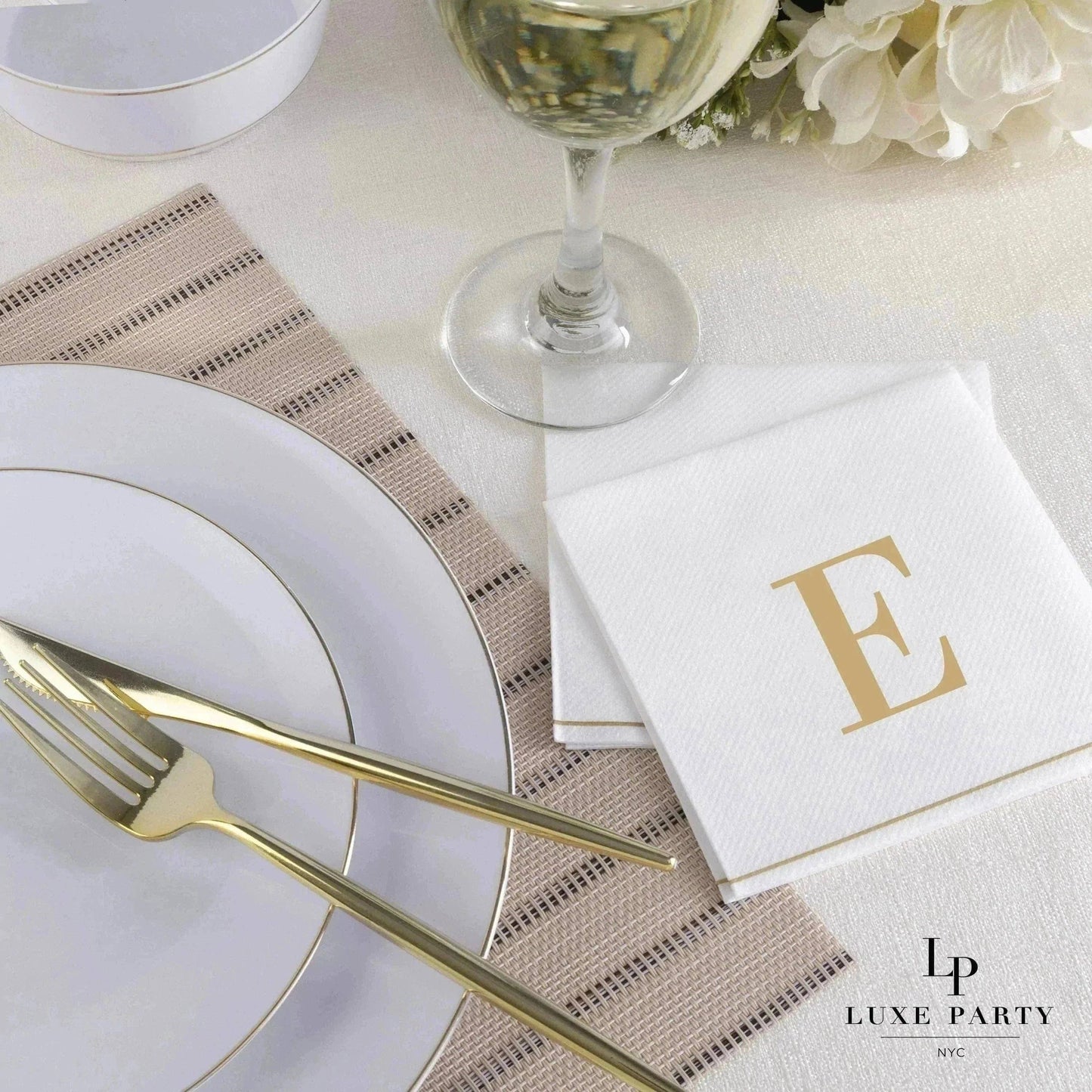 E Gold Monogram Cocktail Paper Napkins | 16 Napkins