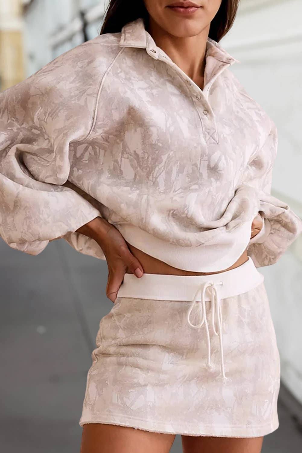 Abstract Balloon Sleeve Pullover Mini Skort Set | S-XL