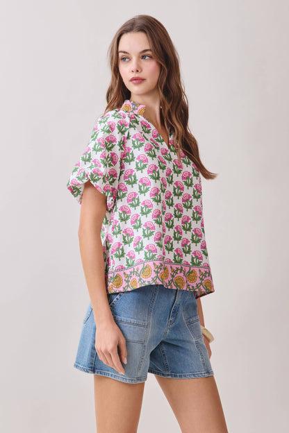 CT9806-Floral Print Bubble Sleeves Split Neckline top