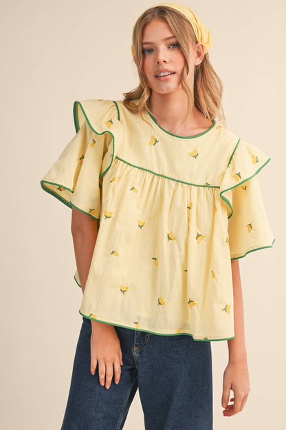 LEMON EMBROIDERY CONTRAST PIPING TOP