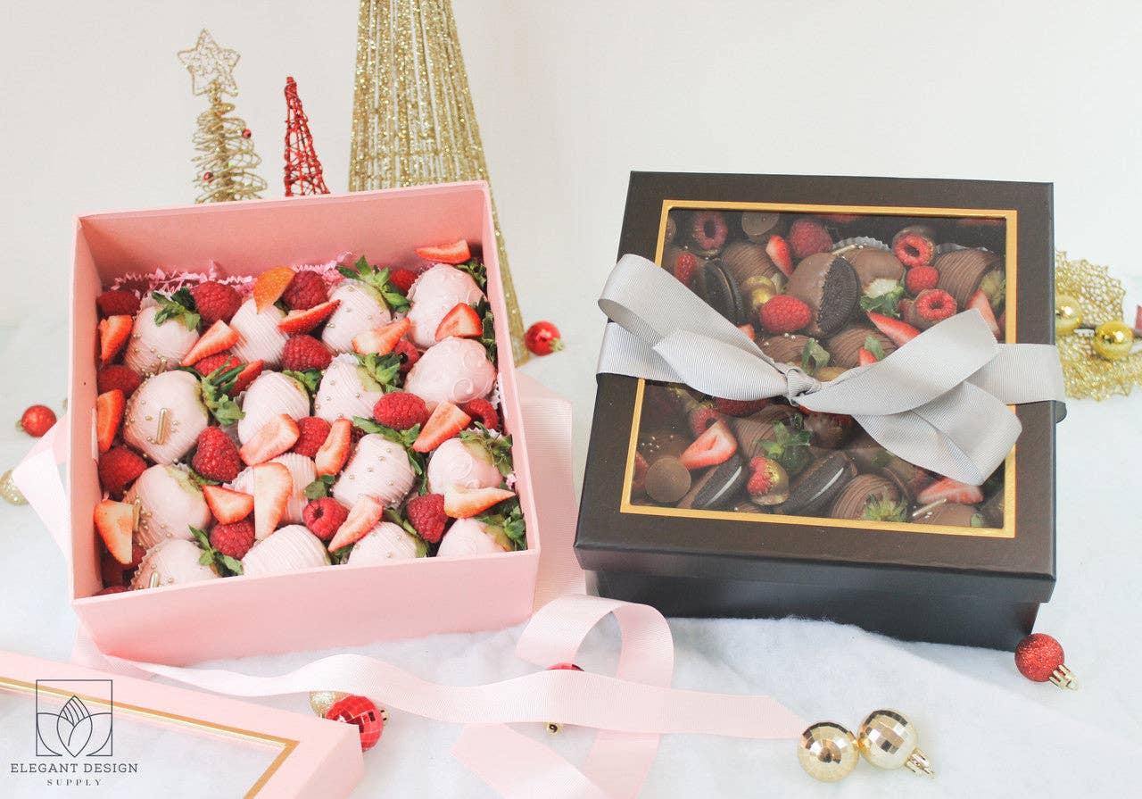 Square Gift Box with Clear Lid and Ribbon - Various Colors - For Luxury Flower/ Gift / Chocolate Strawberry Arrangements