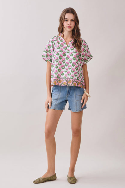 CT9806-Floral Print Bubble Sleeves Split Neckline top