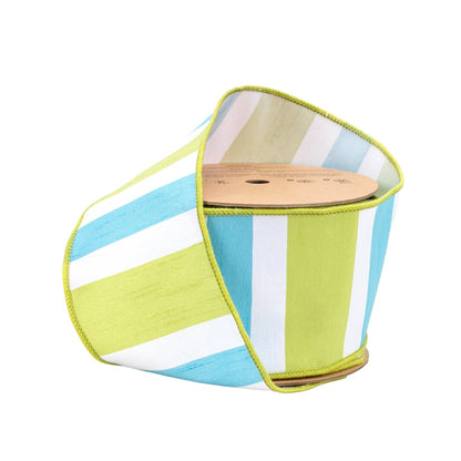 4" Wired Dupioni Ribbon | Green/White/Blue Large Horizontal Stripe w/ Green Backing | 10 Yard Roll