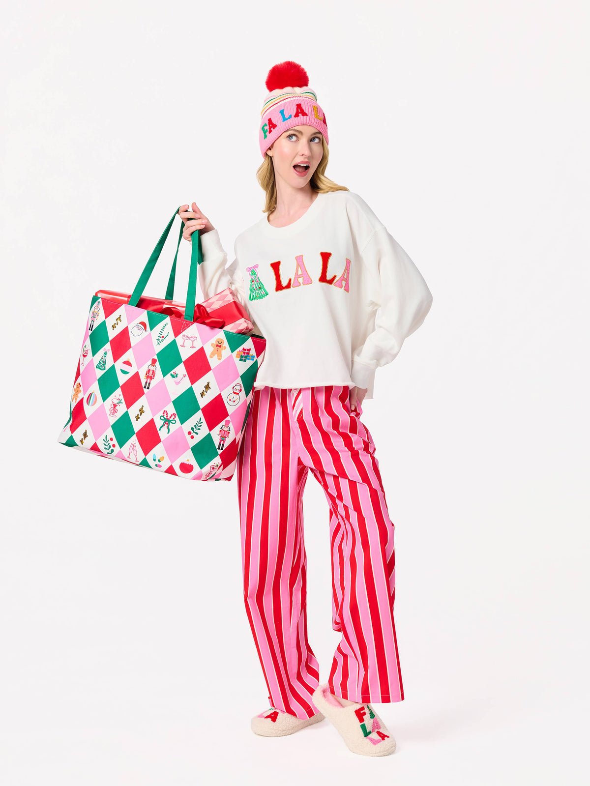 "FA LA LA" STRIPED BEANIE, PINK
