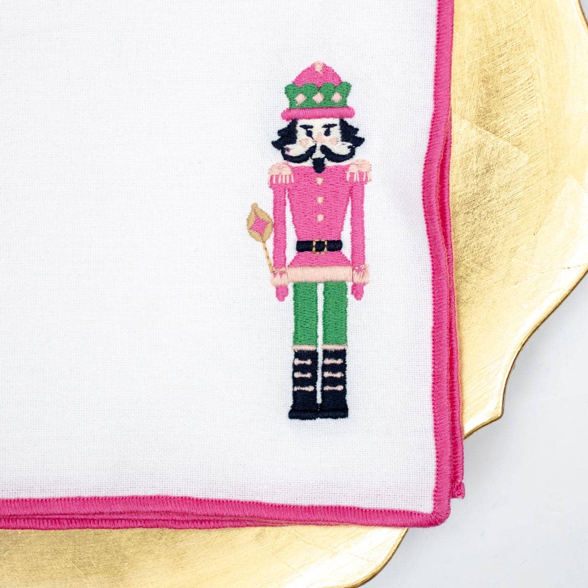 Nutcracker Embroidered Napkin   White/Hot Pink   18x18