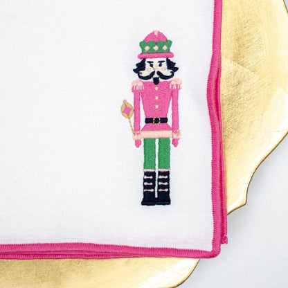 Nutcracker Embroidered Napkin   White/Hot Pink   18x18