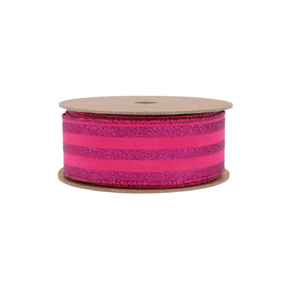 1 1/2" Wired Ribbon | Hot Pink Glittered Pinstripes on Hot Pink | 10 Yard Roll