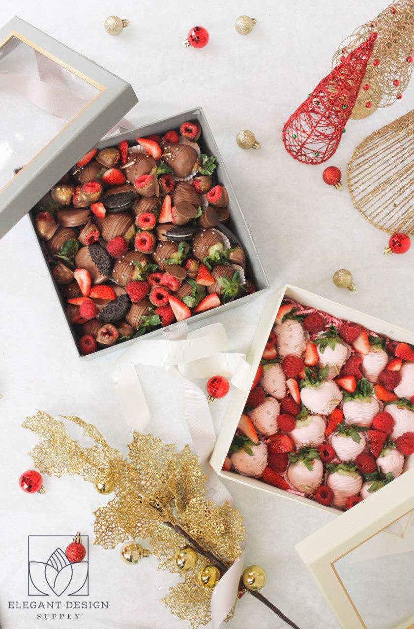 Square Gift Box with Clear Lid and Ribbon - Various Colors - For Luxury Flower/ Gift / Chocolate Strawberry Arrangements