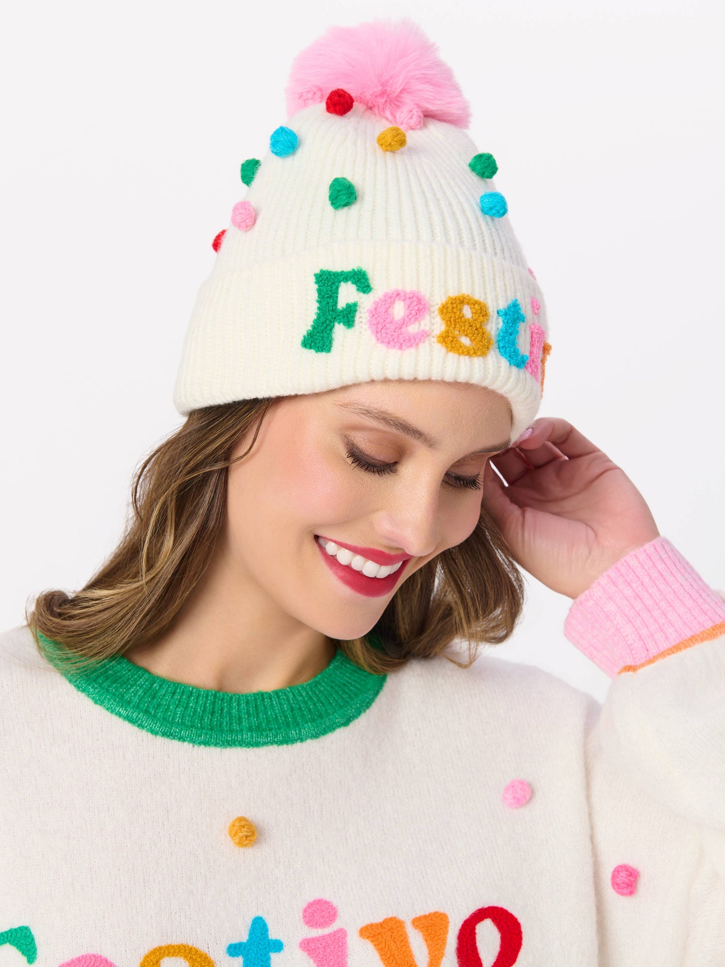 FESTIVE POM POM RELAXED SWEATERS, IVORY