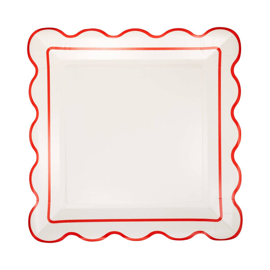 Red & Cream Scalloped Square 10” Plate