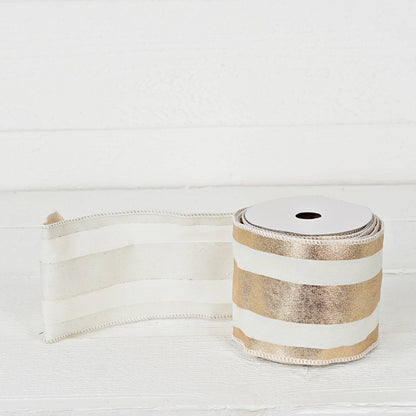 R32957-Wired Ribbon-Fabric-Gold and Cream Strips (4inW)