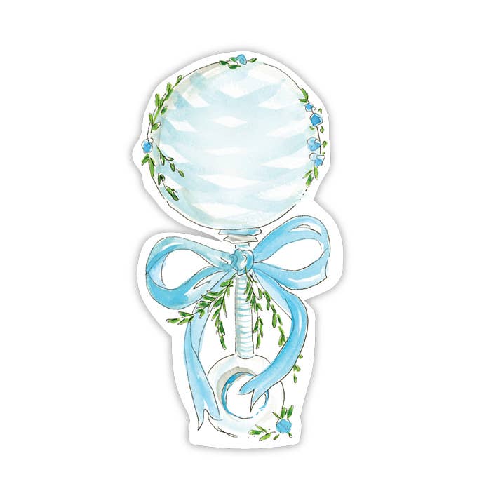 Handpainted Blue Rattle with Greenery Die-Cut Accents