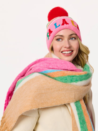 "FA LA LA" STRIPED BEANIE, PINK