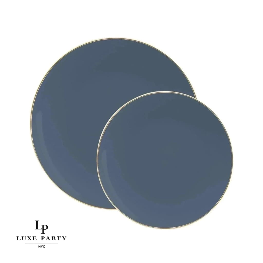 Slate Blue and Gold Round Plastic Plates | 10 Pack