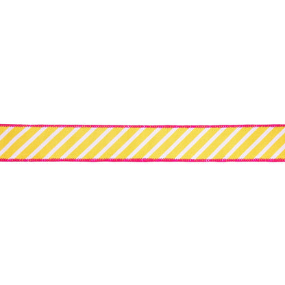 1 1/2" Wired Dupioni Ribbon | Yellow/White Diagonal Stripe w/ Pink Backing | 10 Yard Roll