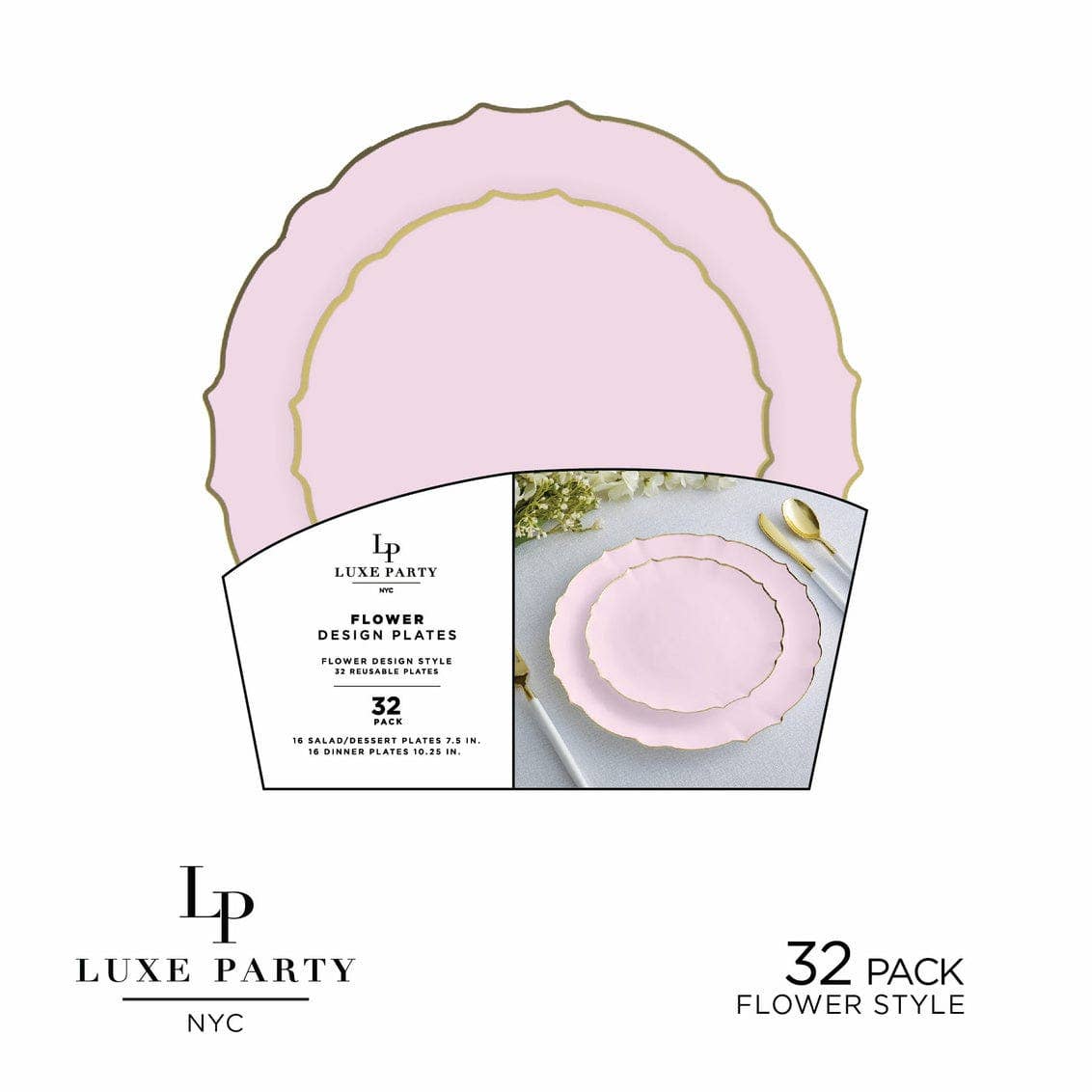 Baby Pink Flower Plate and Gold Plastic Plates Set | 32 Pack