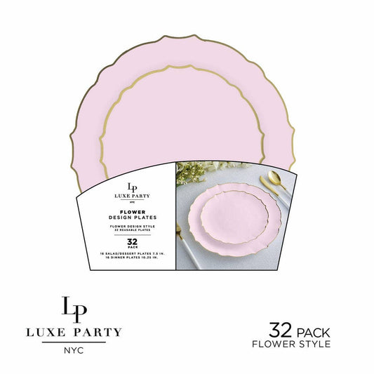 Baby Pink Flower Plate and Gold Plastic Plates Set | 32 Pack