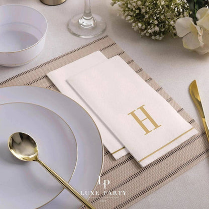 Letter H White and Gold Monogram Paper Disposable Dinner Napkins | 14 Napkins