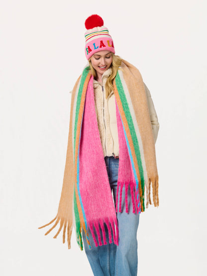 "FA LA LA" STRIPED BEANIE, PINK