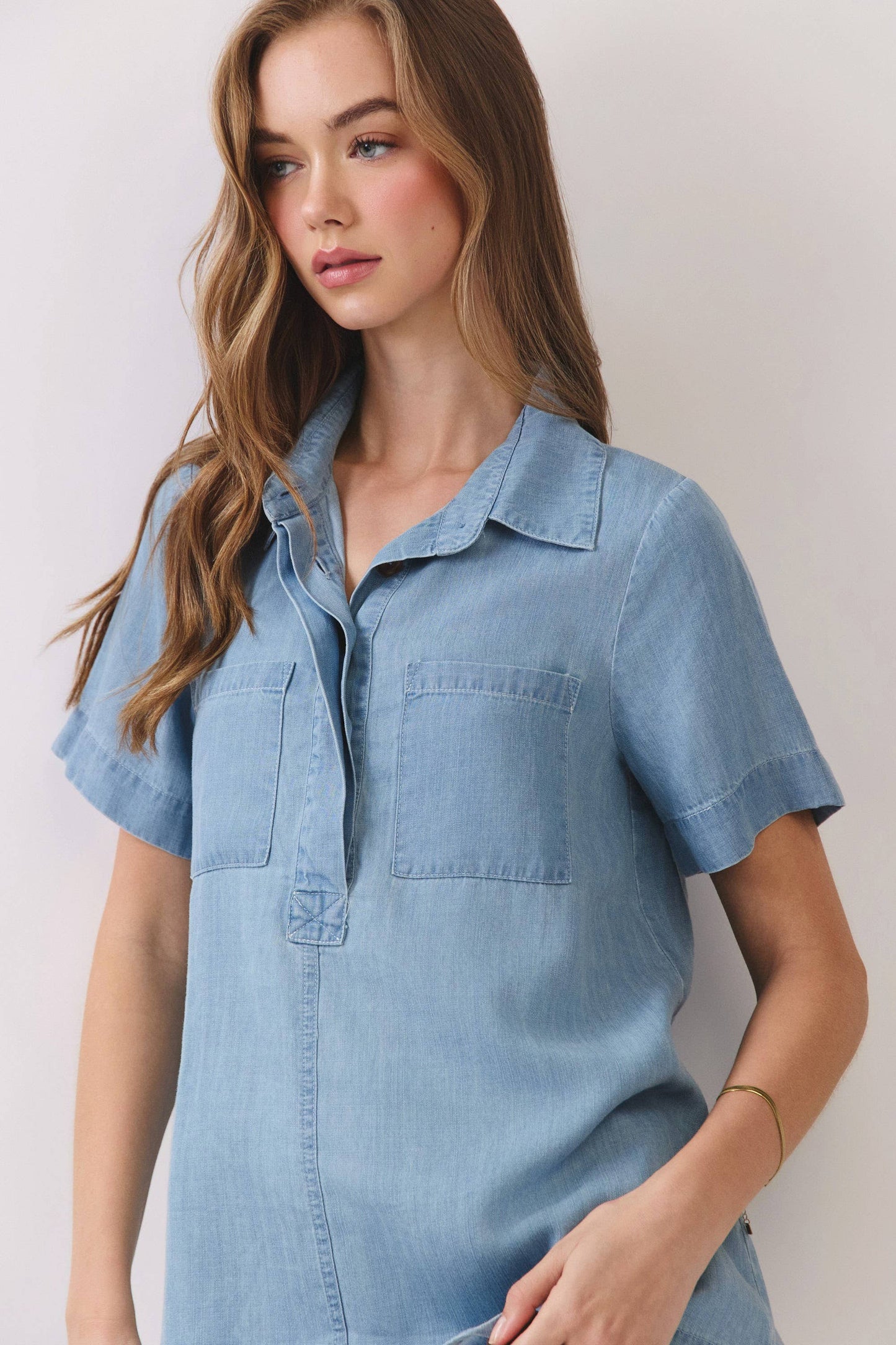 CT10011-Tencel Button Down Pocket Tunic Top