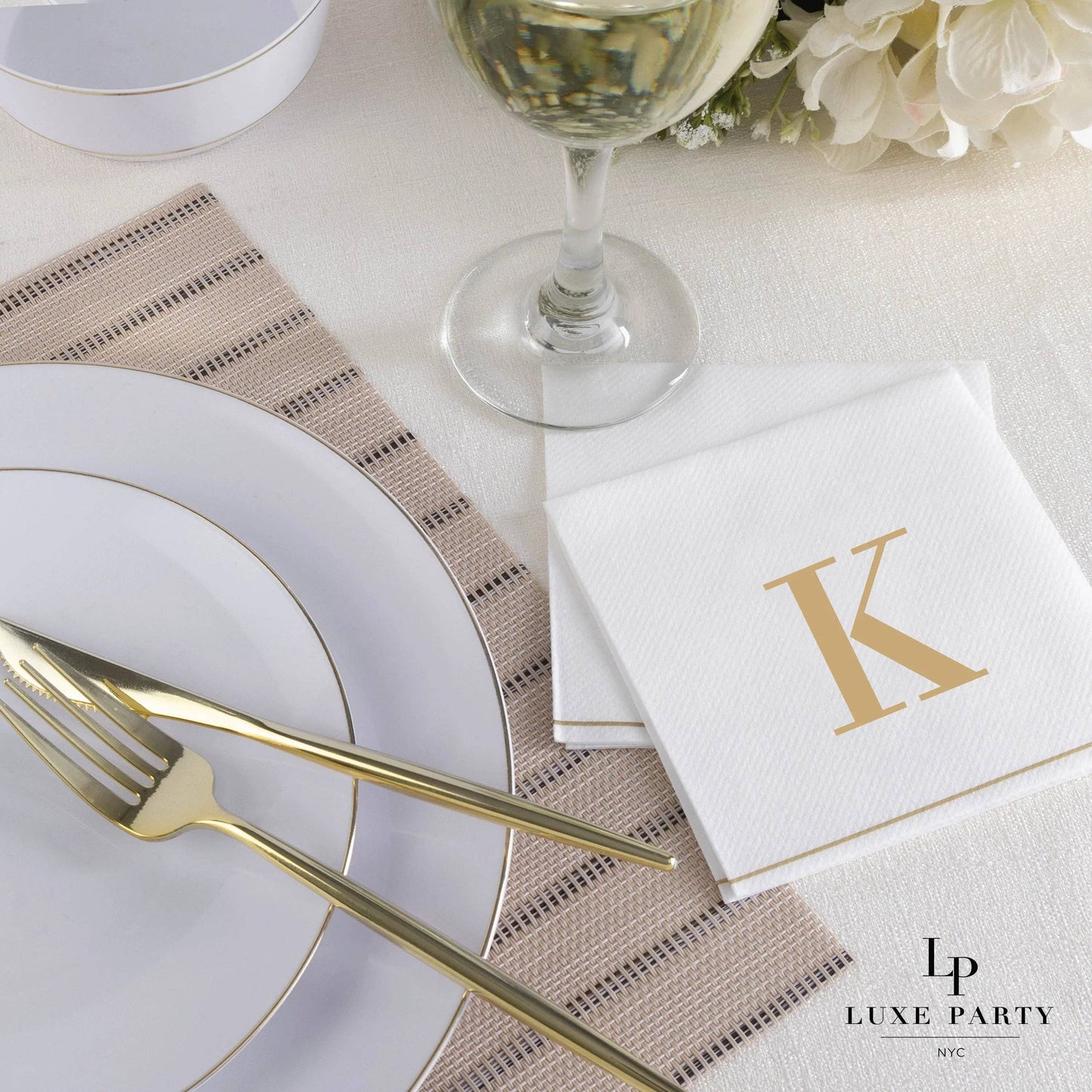 K Gold Monogram Cocktail Paper Napkins | 16 Napkins