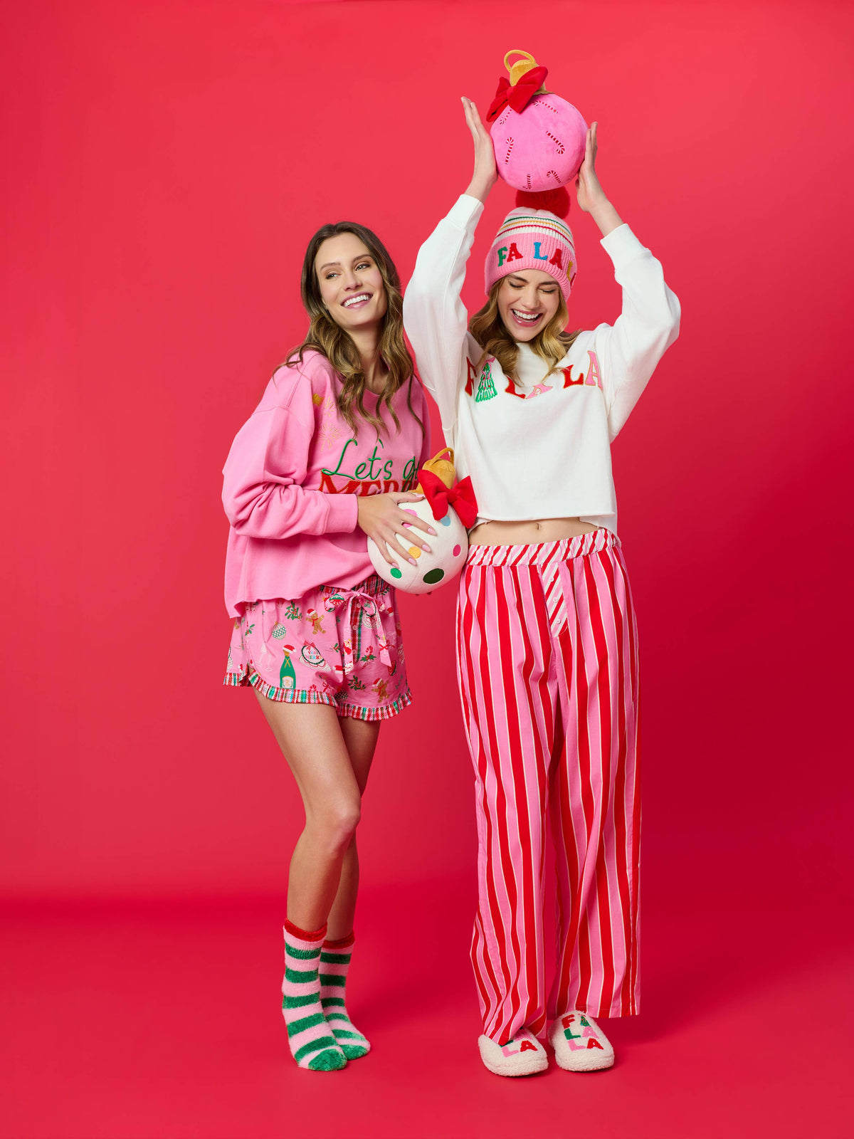 "FA LA LA" STRIPED BEANIE, PINK