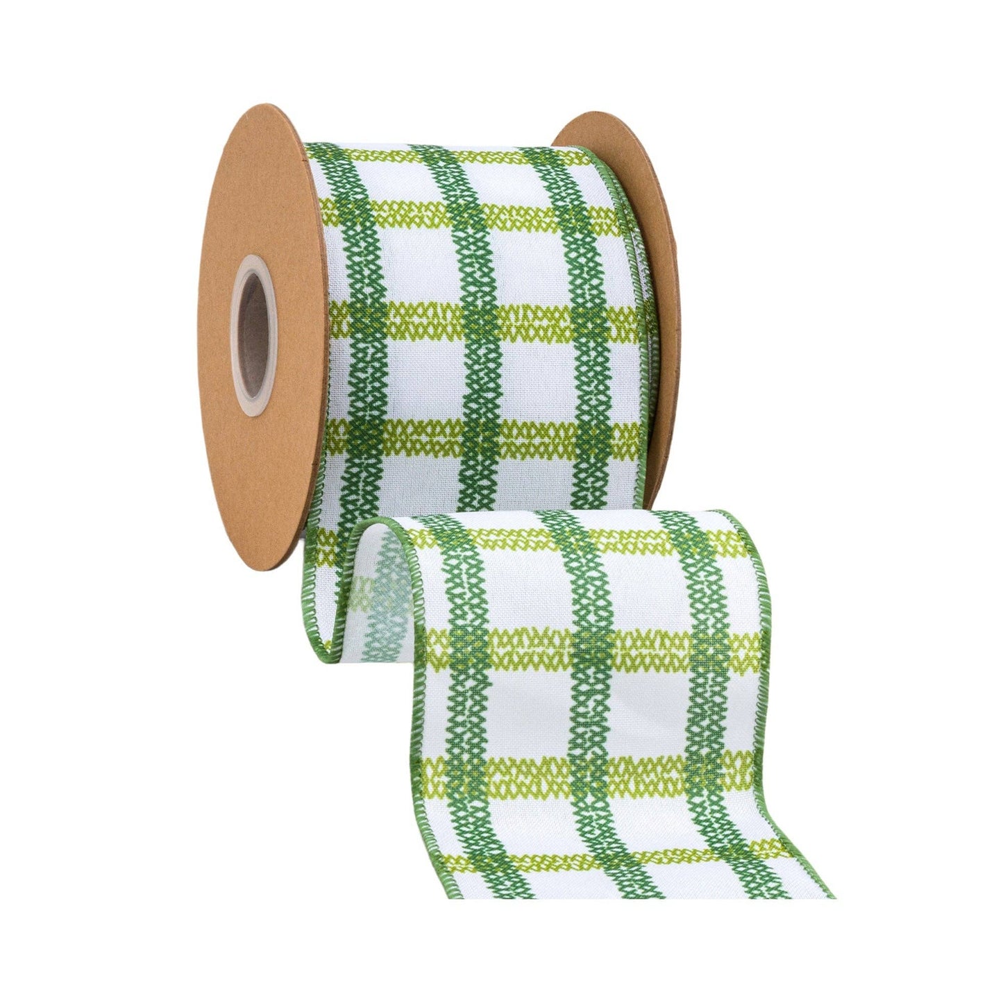 4" Wired Ribbon | Green Grid on White Linen | 10 Yard Roll