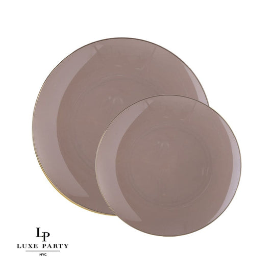 Taupe and Gold Round Plastic Plates | 10 Pack