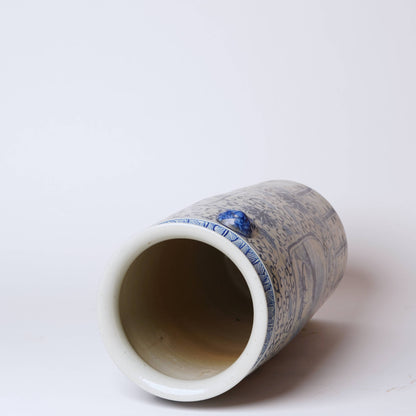 Blue and White Landscape Cartouche Porcelain Umbrella Stand