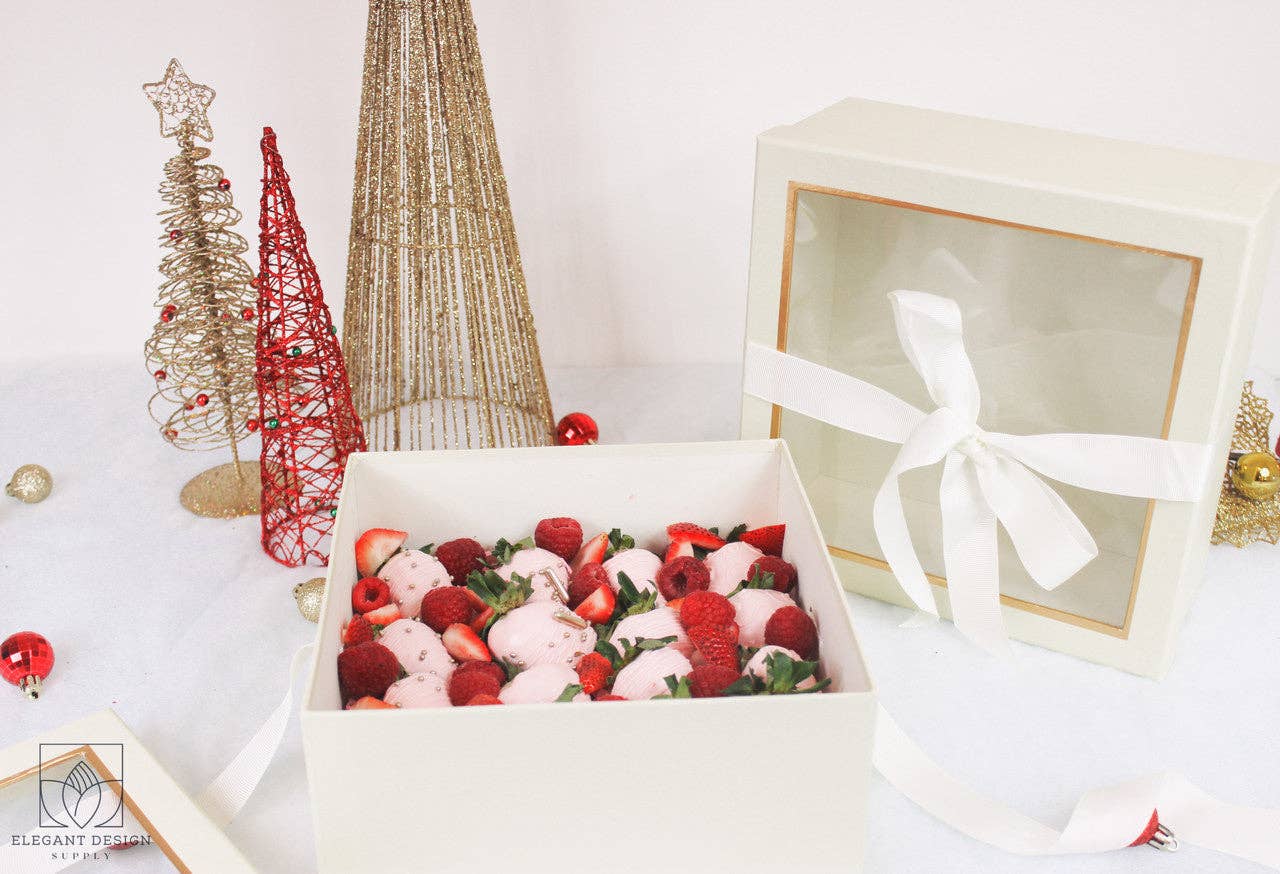 Square Gift Box with Clear Lid and Ribbon - Various Colors - For Luxury Flower/ Gift / Chocolate Strawberry Arrangements