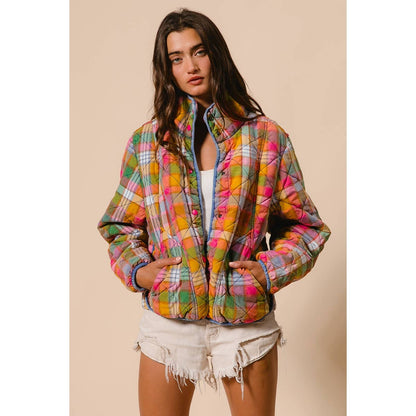 BLEACHED VINTAGE PLAID QUILTED JACKET WITH POCKETS