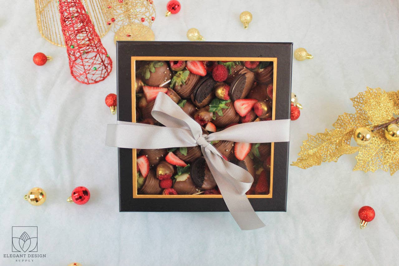 Square Gift Box with Clear Lid and Ribbon - Various Colors - For Luxury Flower/ Gift / Chocolate Strawberry Arrangements
