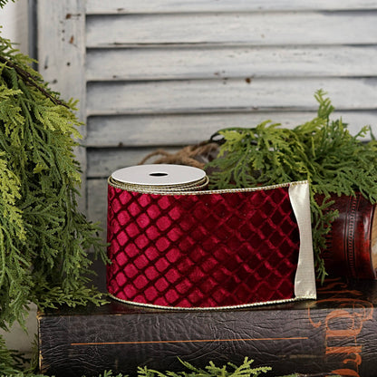 57R1300- Velvet Wired Ribbon-4inx10YD-Burgundy Diamond/Gold