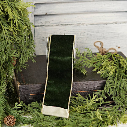 57R1266- Velvet Wired Ribbon-2.5inx10YD-Olive Green/Gold Wir