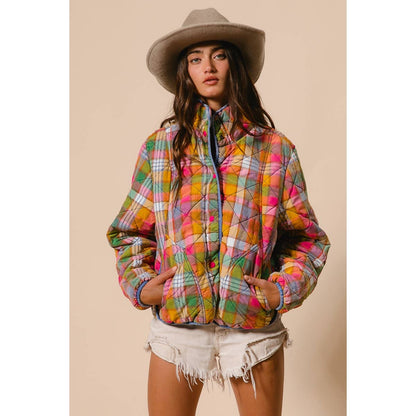 BLEACHED VINTAGE PLAID QUILTED JACKET WITH POCKETS