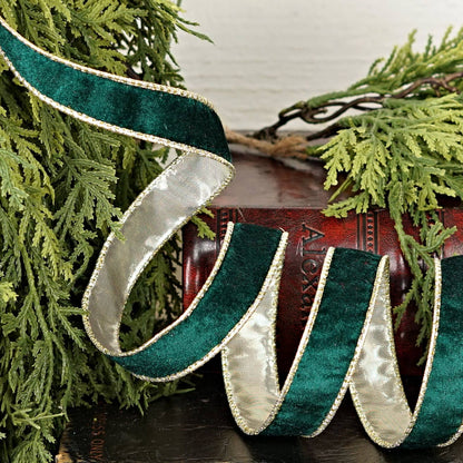 57R1218- Wired Velvet Ribbon-1inx10YD-Hunter Green/Gold Wire
