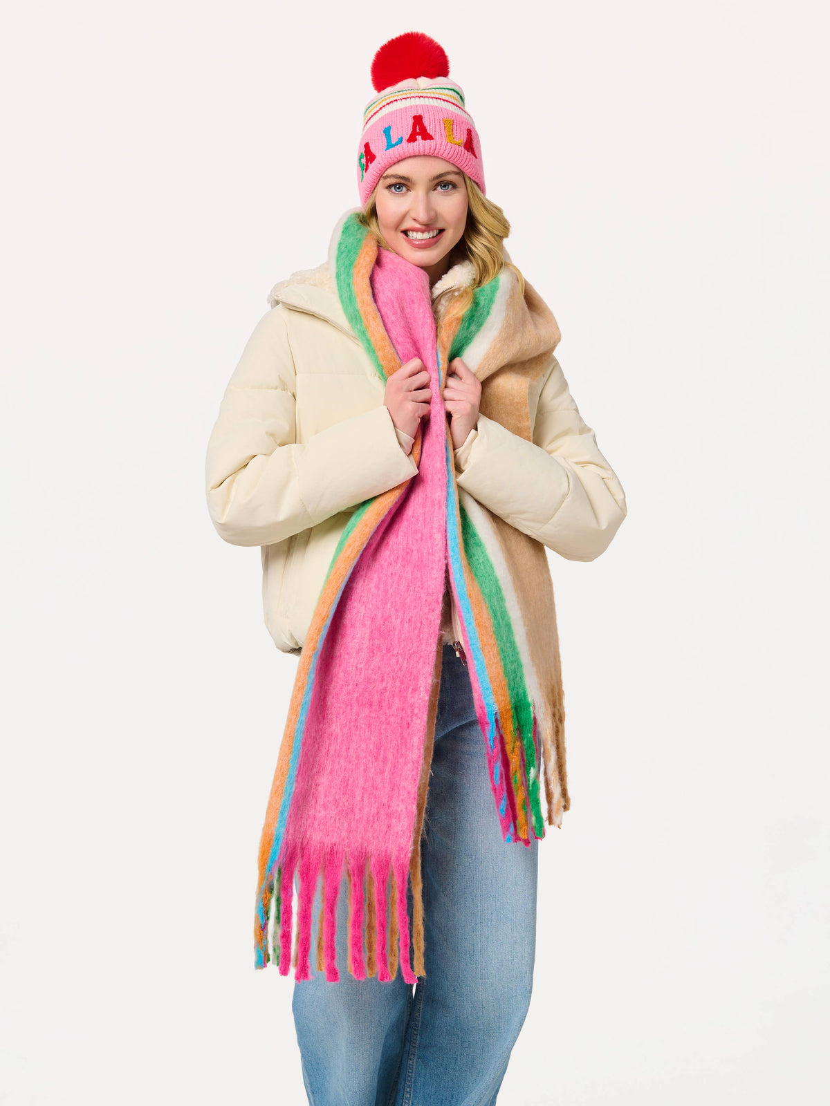 "FA LA LA" STRIPED BEANIE, PINK
